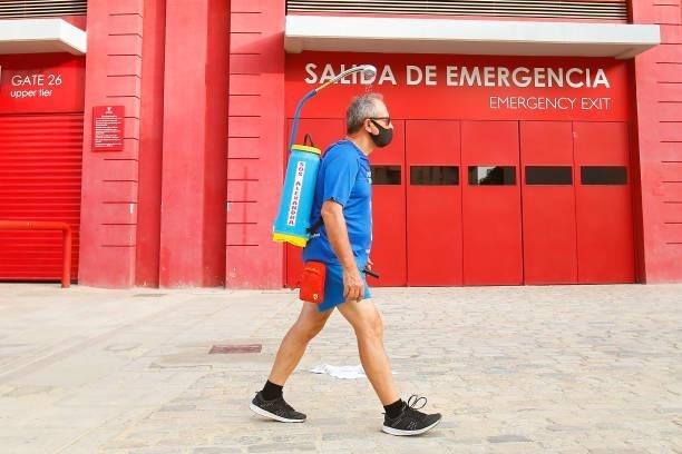 Fan is seen with shower back pack outside the stadium prior to the La Liga Santader match between Sevilla FC and Rayo Vallecano on Sunday 15 August...