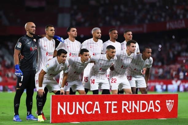 Players of Sevilla FC pose for a team photo during the La Liga Santader match between Sevilla FC and Rayo Vallecano on Sunday 15 August in Seville,...