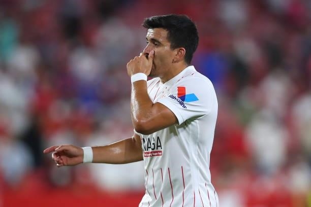 Marcos Acuña of Sevilla FC reacts during the La Liga Santader match between Sevilla FC and Rayo Vallecano on Sunday 15 August in Seville, Spain