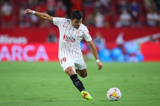 Marcos Acuña of Sevilla FC in action during the La Liga Santader match between Sevilla FC and Rayo Vallecano on Sunday 15 August in Seville, Spain