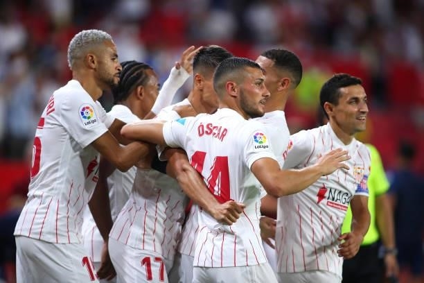 Erik Lamela of Sevilla FC celebrates scoring a goal with team mates during the La Liga Santader match between Sevilla FC and Rayo Vallecano on Sunday...