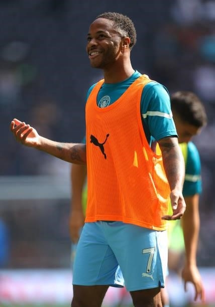 Raheem Sterling of Manchester City looks on during the warm up prior to the Premier League match between Tottenham Hotspur and Manchester City at...