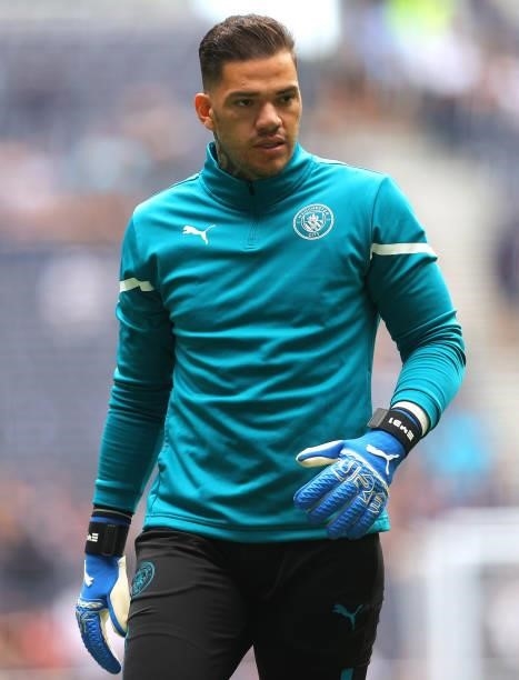 Ederson of Manchester City looks on during the warm up prior to the Premier League match between Tottenham Hotspur and Manchester City at Tottenham...