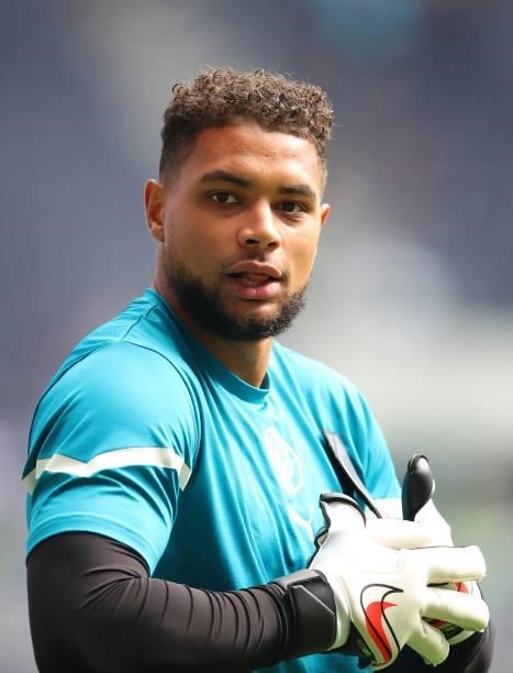 Zack Steffen of Manchester City looks on during the warm up prior to the Premier League match between Tottenham Hotspur and Manchester City at...