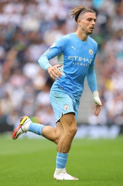 Jack Grealish of Manchester City looks on during the Premier League match between Tottenham Hotspur and Manchester City at Tottenham Hotspur Stadium...