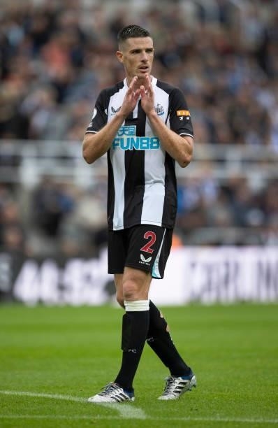 Ciaran Clark of Newcastle United during the Premier League match between Newcastle United and West Ham United at St. James Park on August 15, 2021 in...