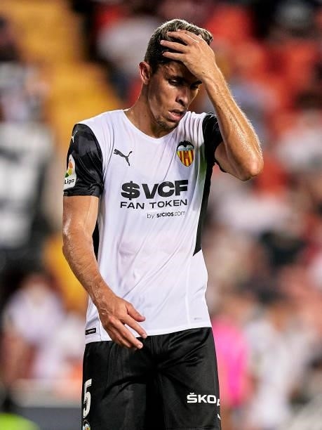 Gabriel Paulista of Valencia CF reacts during the La Liga Santander match between Valencia CF and Getafe CF at Estadi de Mestalla on August 13, 2021...