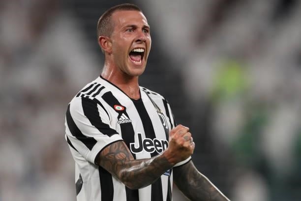 Federico Bernardeschi of Juventus celebrates after scoring to give the side a 2-1 lead during the Pre-Season Friendly between Juventus FC and...