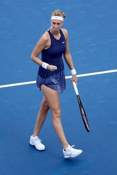 Petra Kvitova of the Czech Republic reacts after winning a point during her match against Madison Keys during the Western & Southern Open - Day 2 at...