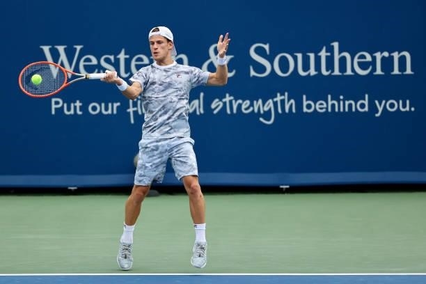 Diego Schwartzman of Argentina plays a forehand during his match against during the Western & Southern Open - Day 2 at Lindner Family Tennis Center...