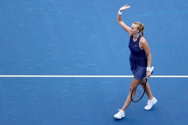 Petra Kvitova of the Czech Republic celebrates after beating Madison Keys 7-5, 6-4 during the Western & Southern Open - Day 2 at Lindner Family...
