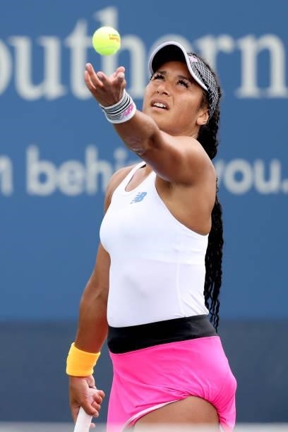 Heather Watson of Great Britain serves to Aliaksandra Sasnovich of Belarus during the Western & Southern Open at Lindner Family Tennis Center on...