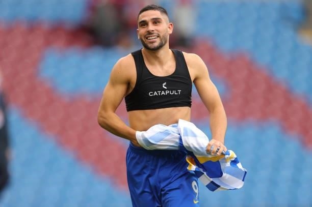 Neal Maupay of Brighton & Hove Albion takes his shirt off and displays a Catapult training vest after the Premier League match between Burnley and...