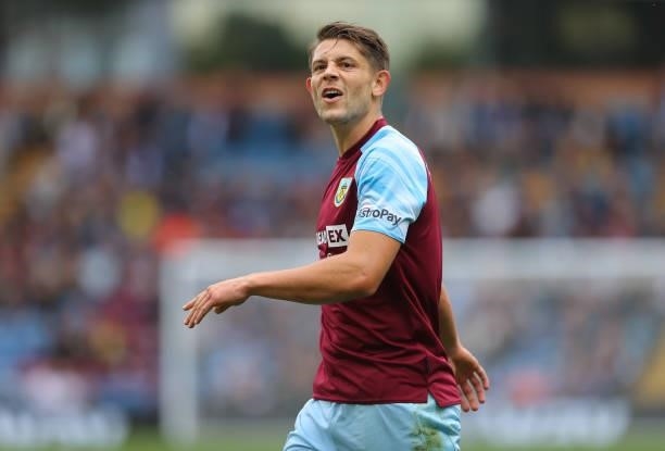James Tarkowski of Burnley looks on during the Premier League match between Burnley and Brighton & Hove Albion at Turf Moor on August 14, 2021 in...