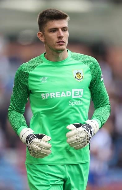 Nick Pope of Burnley looks on during the Premier League match between Burnley and Brighton & Hove Albion at Turf Moor on August 14, 2021 in Burnley,...