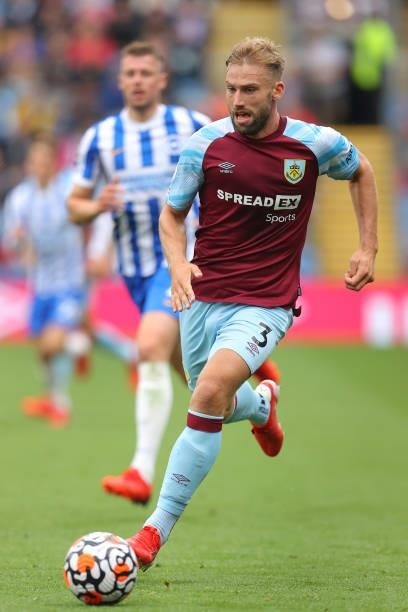 Charlie Taylor of Burnley runs with the ball during the Premier League match between Burnley and Brighton & Hove Albion at Turf Moor on August 14,...