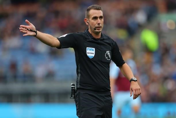 Referee, David Coote during the Premier League match between Burnley and Brighton & Hove Albion at Turf Moor on August 14, 2021 in Burnley, England.