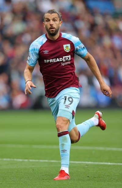 Jay Rodriguez of Burnley during the Premier League match between Burnley and Brighton & Hove Albion at Turf Moor on August 14, 2021 in Burnley,...