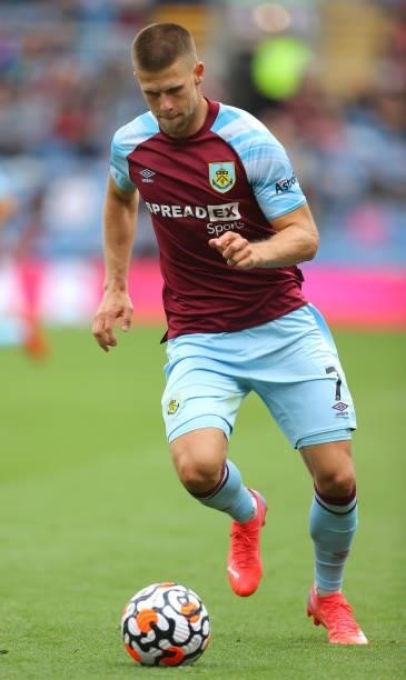 Johann Berg Gudmundsson of Burnley during the Premier League match between Burnley and Brighton & Hove Albion at Turf Moor on August 14, 2021 in...