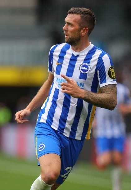 Shane Duffy of Brighton & Hove Albion during the Premier League match between Burnley and Brighton & Hove Albion at Turf Moor on August 14, 2021 in...