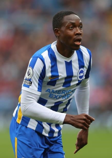 Enock Mwepu of Brighton & Hove Albion during the Premier League match between Burnley and Brighton & Hove Albion at Turf Moor on August 14, 2021 in...