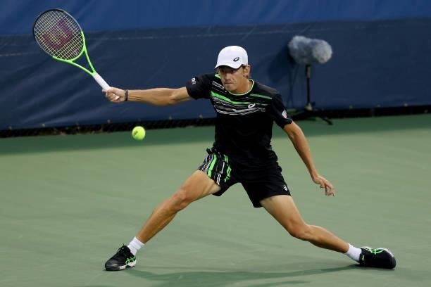 Alex de Minaur of Australia plays a forehand during his match against Filip Krajinovic of Serbia during the Western & Southern Open - Day 2 at...