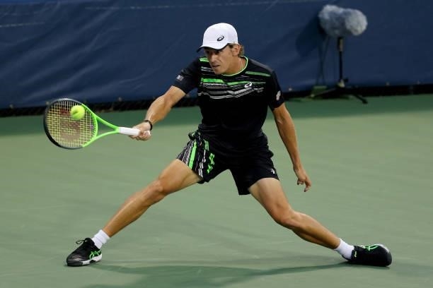 Alex de Minaur of Australia plays a forehand during his match against Filip Krajinovic of Serbia during the Western & Southern Open - Day 2 at...