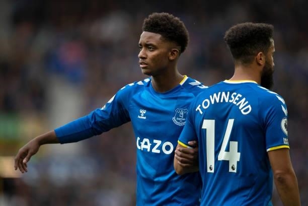 New Everton signings Demarai Gray and Andros Townsend during the Premier League match between Everton and Southampton at Goodison Park on August 14,...