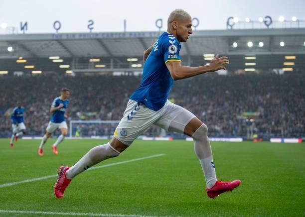 Richarlison of Everton celebrates scoring the second goal during the Premier League match between Everton and Southampton at Goodison Park on August...