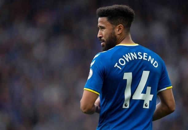 Andros Townsend of Everton during the Premier League match between Everton and Southampton at Goodison Park on August 14, 2021 in Liverpool, England.