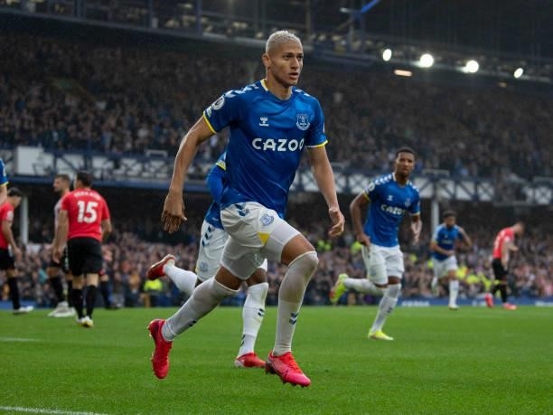 Richarlison of Everton celebrates scoring the second goal during the Premier League match between Everton and Southampton at Goodison Park on August...