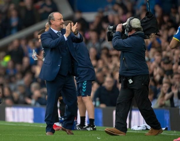 Everton manager Rafa Benitez is presented to the crowd before the Premier League match between Everton and Southampton at Goodison Park on August 14,...