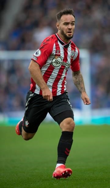 Adam Armstrong of Southampton in action during the Premier League match between Everton and Southampton at Goodison Park on August 14, 2021 in...