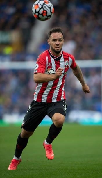 Adam Armstrong of Southampton in action during the Premier League match between Everton and Southampton at Goodison Park on August 14, 2021 in...