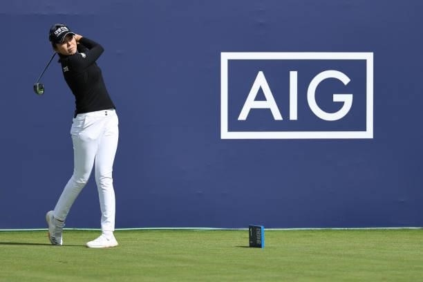 Hur of South Korea tees off on the first hole during a practice round prior to the AIG Women's Open at Carnoustie Golf Links on August 17, 2021 in...