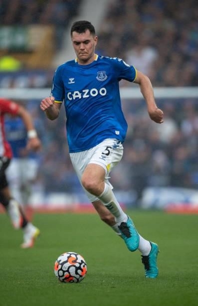 Michael Keane of Everton in action during the Premier League match between Everton and Southampton at Goodison Park on August 14, 2021 in Liverpool,...