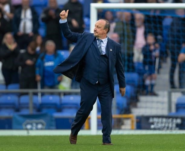 Everton manager Rafa Benitez waves to the crowd after the Premier League match between Everton and Southampton at Goodison Park on August 14, 2021 in...