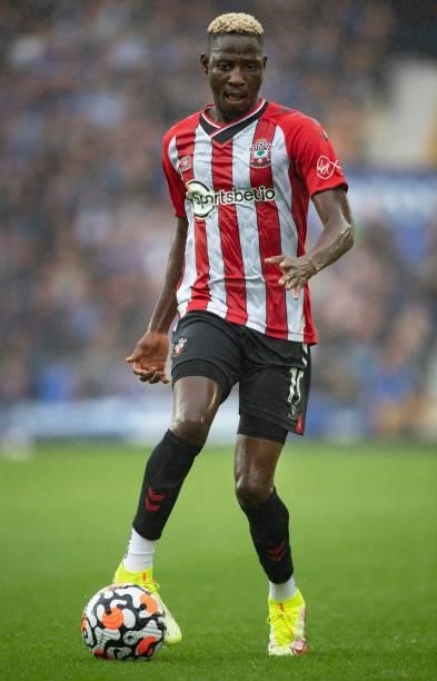Moussa Djenepo of Southampton in action during the Premier League match between Everton and Southampton at Goodison Park on August 14, 2021 in...