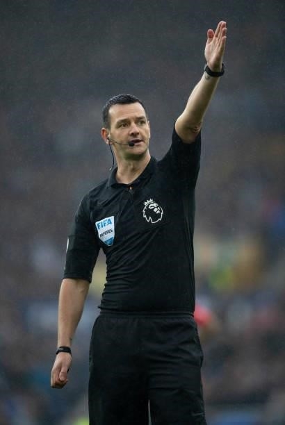 Referee Andy Madley during the Premier League match between Everton and Southampton at Goodison Park on August 14, 2021 in Liverpool, England.