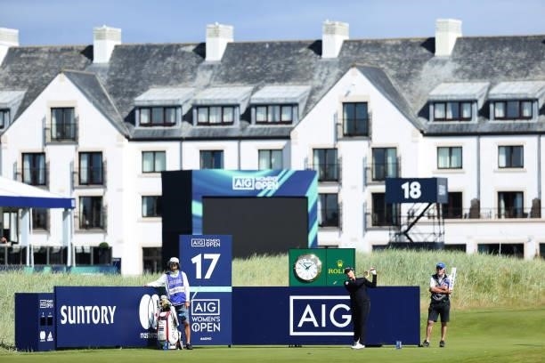 Ariya Jutanugarn of Thailand tees off on the seventeenth hole during a practice round prior to the AIG Women's Open at Carnoustie Golf Links on...