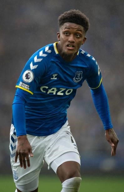 Demarai Gray of Everton in action during the Premier League match between Everton and Southampton at Goodison Park on August 14, 2021 in Liverpool,...