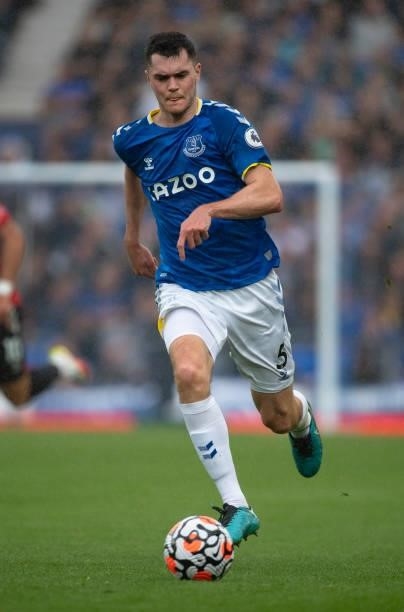 Michael Keane of Everton in action during the Premier League match between Everton and Southampton at Goodison Park on August 14, 2021 in Liverpool,...