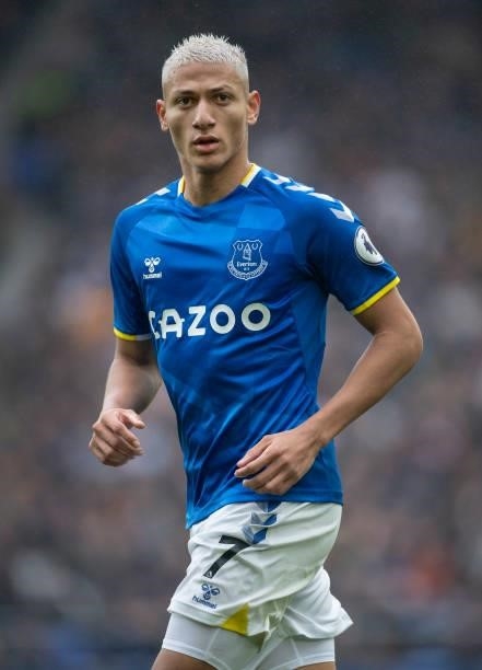 Richarlison of Everton in action during the Premier League match between Everton and Southampton at Goodison Park on August 14, 2021 in Liverpool,...