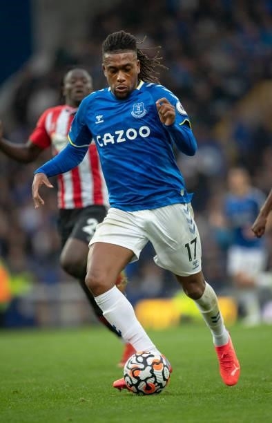Alex Iwobi of Everton in action during the Premier League match between Everton and Southampton at Goodison Park on August 14, 2021 in Liverpool,...