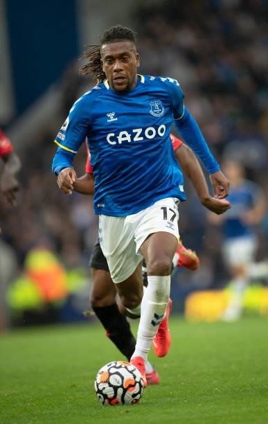 Alex Iwobi of Everton in action during the Premier League match between Everton and Southampton at Goodison Park on August 14, 2021 in Liverpool,...