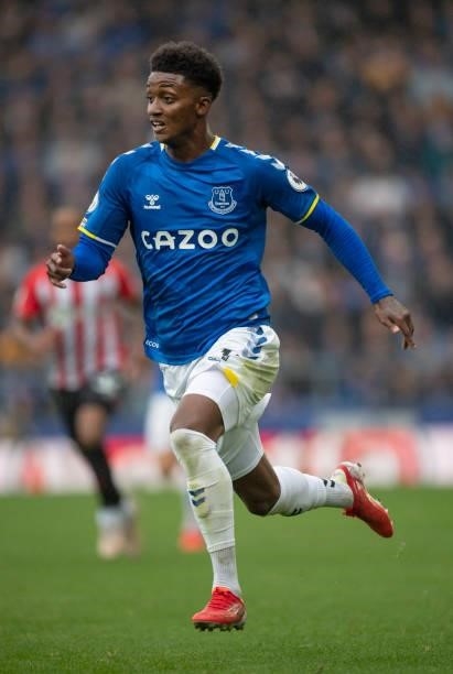 Demarai Gray of Everton in action during the Premier League match between Everton and Southampton at Goodison Park on August 14, 2021 in Liverpool,...