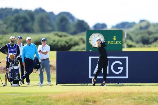 Jessica Korda of The United States tees off on the sixteenth hole during the Pro-AM prior to the AIG Women's Open at Carnoustie Golf Links on August...