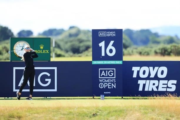 Jessica Korda of The United States tees off on the sixteenth hole during the Pro-AM prior to the AIG Women's Open at Carnoustie Golf Links on August...