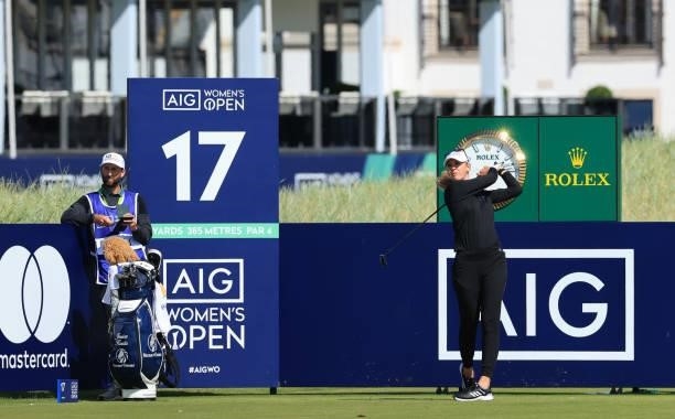 Jessica Korda of The United States tees off on the seventeenth hole during the Pro-AM prior to the AIG Women's Open at Carnoustie Golf Links on...