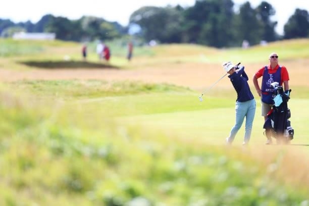 Pernilla Lindberg of Sweden plays a shot during a practice round prior to the AIG Women's Open at Carnoustie Golf Links on August 17, 2021 in...